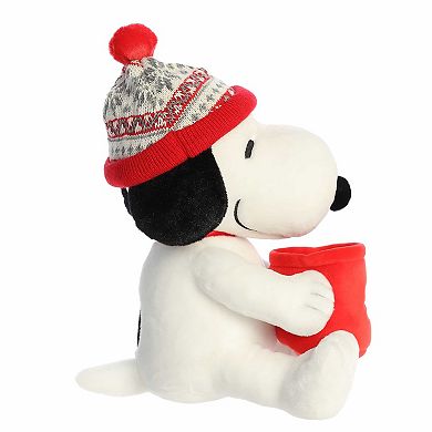 Aurora Medium White Festive Stuffed Animal 12" Winter Hat Snoopy With Mug Peanuts