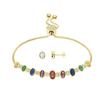 Brilliance 18k Gold Flash Plated Oval Cubic Zirconia Stud Earrings & Adjustable Bracelet Set