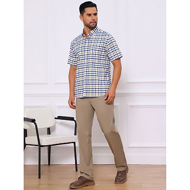 Men's Point Collar Short Sleeve Checkered Button Business Plaid Dress Shirt