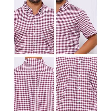 Men's Point Collar Short Sleeve Checkered Button Business Plaid Dress Shirt