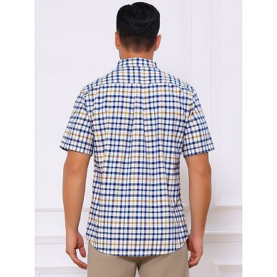 Men's Point Collar Short Sleeve Checkered Button Business Plaid Dress Shirt