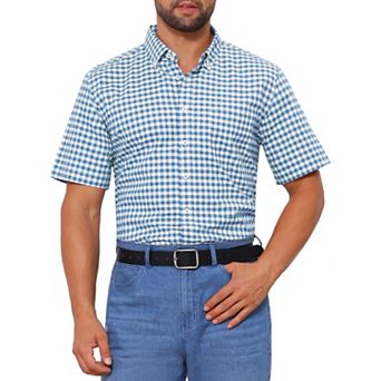 Men's Point Collar Short Sleeve Checkered Button Business Plaid Dress Shirt