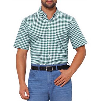 Men's Point Collar Short Sleeve Checkered Button Business Plaid Dress Shirt