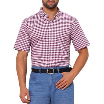 Men's Point Collar Short Sleeve Checkered Button Business Plaid Dress Shirt