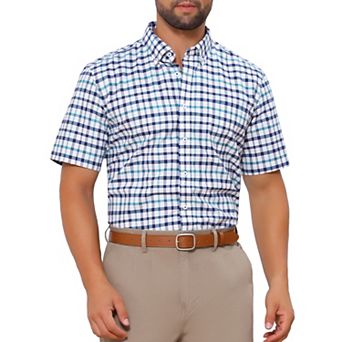 Men's Point Collar Short Sleeve Checkered Button Business Plaid Dress Shirt