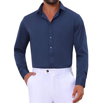 Men's Point Collar Button Long Sleeve Solid Color Business Dress Shirt