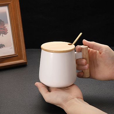 Ceramic Coffee Mug 12.85 Oz Simple Wooden Handle Large Tea Cup Handmade Mugs Set with Lid and Spoon