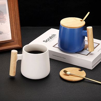 Ceramic Coffee Mug 12.85 Oz Simple Wooden Handle Large Tea Cup Handmade Mugs Set with Lid and Spoon