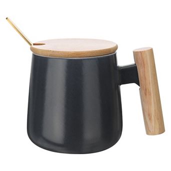 Ceramic Coffee Mug 12.85 Oz Simple Wooden Handle Large Tea Cup Handmade Mugs Set with Lid and Spoon