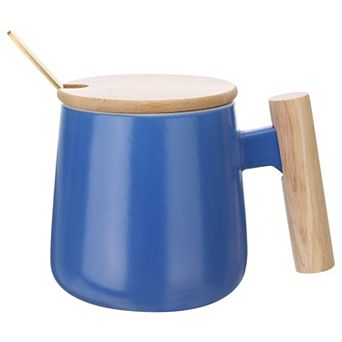 Ceramic Coffee Mug 12.85 Oz Simple Wooden Handle Large Tea Cup Handmade Mugs Set with Lid and Spoon