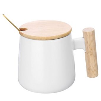 Ceramic Coffee Mug 12.85 Oz Simple Wooden Handle Large Tea Cup Handmade Mugs Set with Lid and Spoon