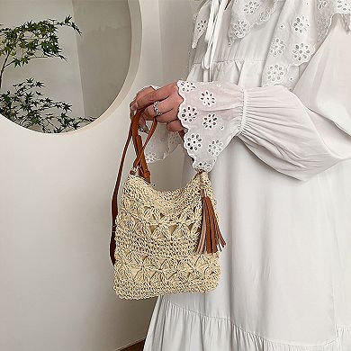 Women's Bohemian Crochet Shoulder Bag with Leather Straps