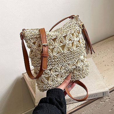 Women's Bohemian Crochet Shoulder Bag with Leather Straps
