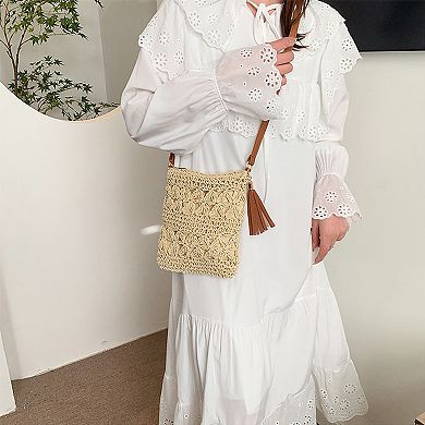 Women's Bohemian Crochet Shoulder Bag with Leather Straps