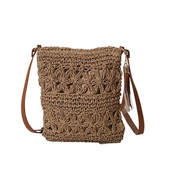 Women's Bohemian Crochet Shoulder Bag with Leather Straps