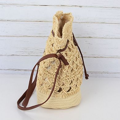 Women's Rustic Straw Shoulder Bag with Leather Accents