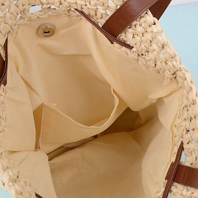 Women's Rustic Straw Shoulder Bag with Leather Accents