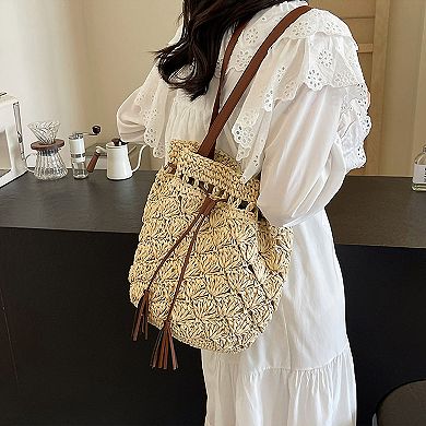 Women's Rustic Straw Shoulder Bag with Leather Accents