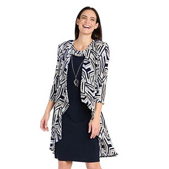 Petite R&M Richards 3 pc Geo Printed Dress, Jacket & Necklace Set