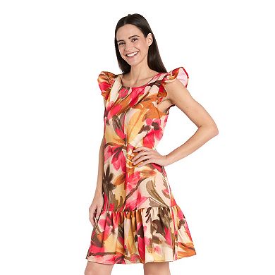 Petite R&M Richards Ruffle Sleeve Print A-Line Dress