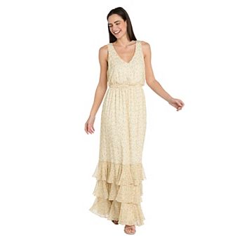 Petite R&M Richards V-Neck Cupcake Tiered Hem Long Dress