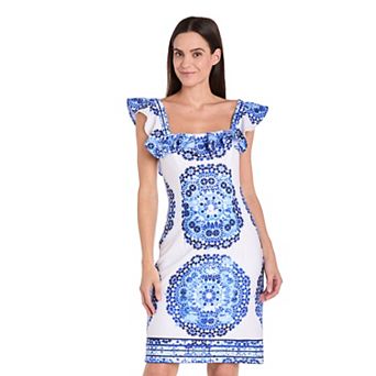Petite R&M Richards Ruffle Sleeve Short Scuba Print Dress