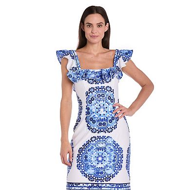Petite R&M Richards Ruffle Sleeve Short Scuba Print Dress