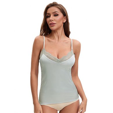 Pure Silk Spaghetti Strap V Neck Camisoles with Built-in Bra