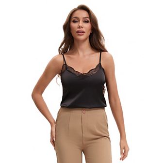 Women's Lace Trim Silk Satin V Neck Cami Vest Adjustable Spaghetti Strap Loose Fit Camisoles