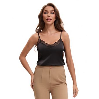 Women's Lace Trim Silk Satin V Neck Cami Vest Adjustable Spaghetti Strap Loose Fit Camisoles