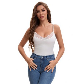 Women's Lace Trim Silk Satin V Neck Cami Vest Adjustable Spaghetti Strap Loose Fit Camisoles