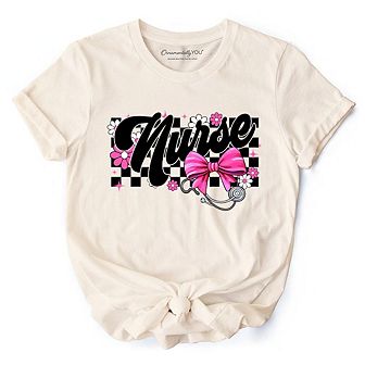 Nurse Floral Coquette Pink Bow T-Shirt, Retro Stethoscope Checkered Tee
