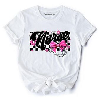 Nurse Floral Coquette Pink Bow T-Shirt, Retro Stethoscope Checkered Tee