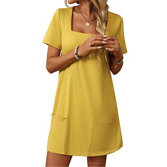 Women Holiday Dresses Solid Color Casual Square Neck Short Sleeve Mini T Shirt Dresses with Pockets