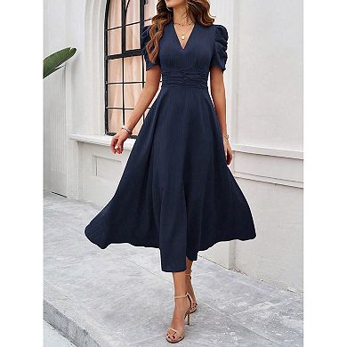 Women's Summer Casual Long Dresses Solid Color V Neck Short Sleeve Dress