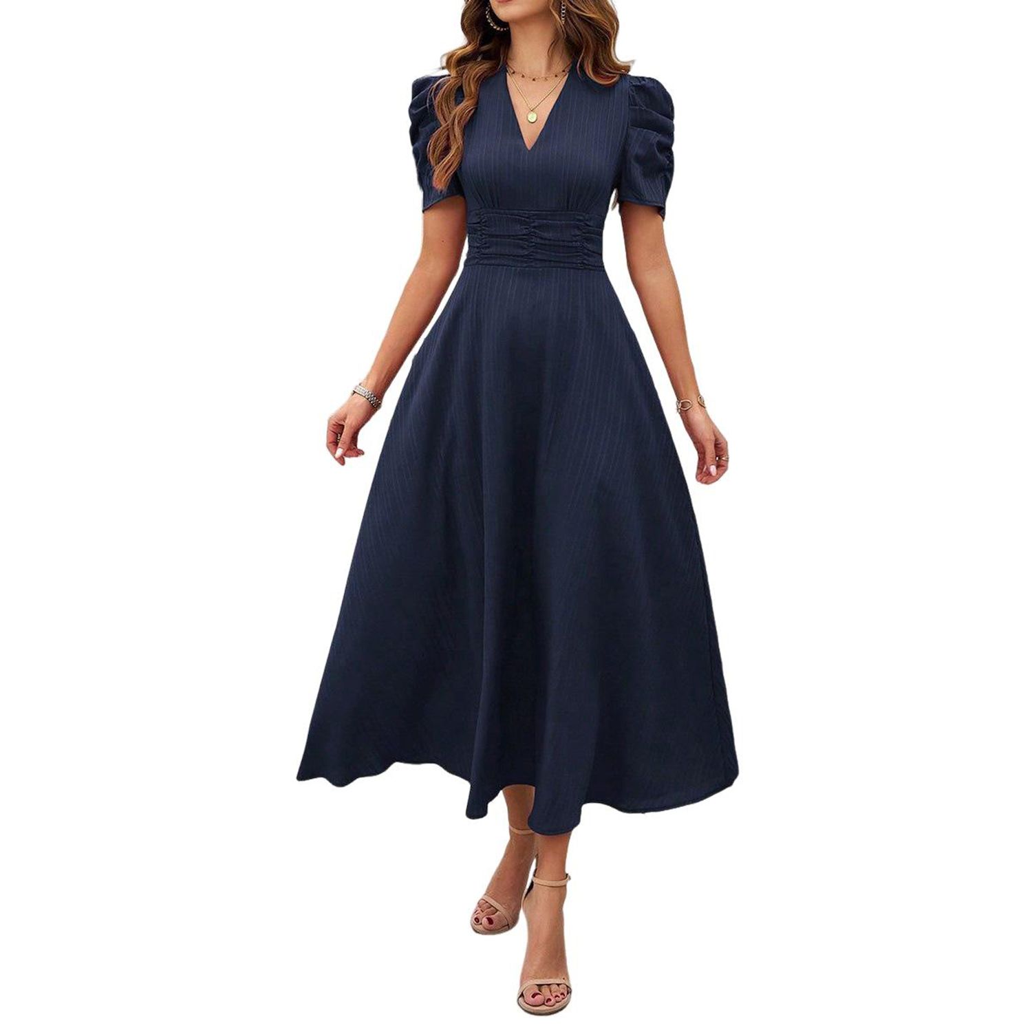 Женские платья Summer Casual Long Dresses Solid Color V Neck Short Sleeve Dress