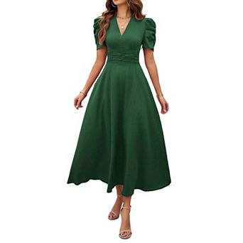 Women's Summer Casual Long Dresses Solid Color V Neck Short Sleeve Dress