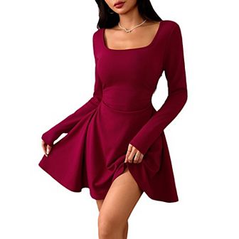 Women's Elegant Solid Color Banquet Daily Square Neck Long Sleeve Party Dress