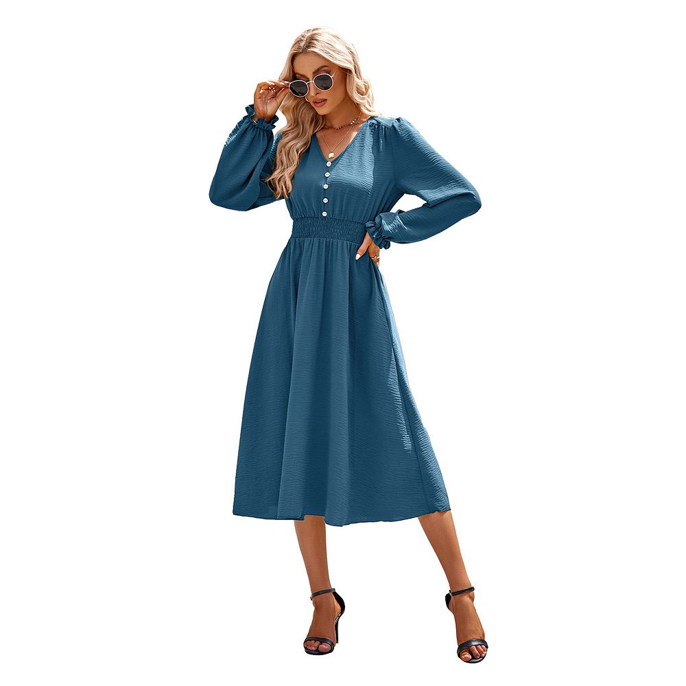 Women's Button V-Neck Long Sleeve Dress Waist Slim Mid-Length Dress ...