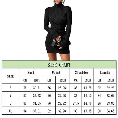 Women's Turtleneck Long Sleeve Ribbed Knit Mini Bodycon Fall Dress