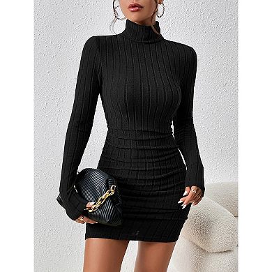 Women's Turtleneck Long Sleeve Ribbed Knit Mini Bodycon Fall Dress