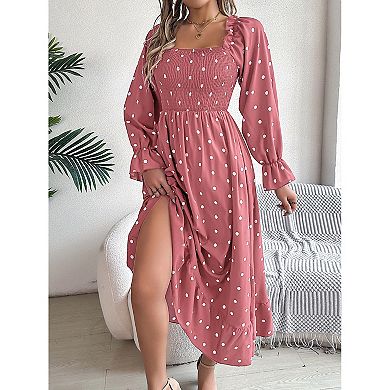 Women's Long Sleeve Square Neck Polka Dot Big Swing Dress Autumn Casual Loose Solid Long Dresses