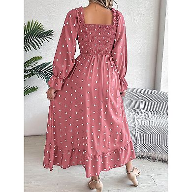 Women's Long Sleeve Square Neck Polka Dot Big Swing Dress Autumn Casual Loose Solid Long Dresses