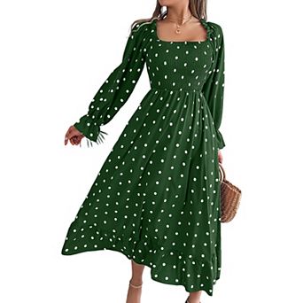 Women's Long Sleeve Square Neck Polka Dot Big Swing Dress Autumn Casual Loose Solid Long Dresses