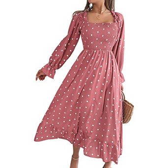 Women's Long Sleeve Square Neck Polka Dot Big Swing Dress Autumn Casual Loose Solid Long Dresses