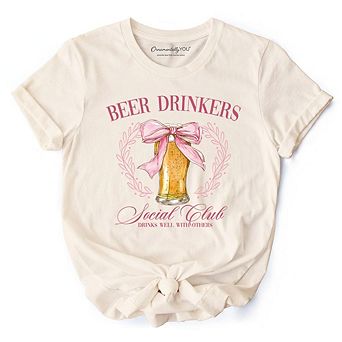 Beer Drinkers Social Club T-Shirt, Coquette Pink Bow Tee for Girly Summer Bachelorette Vibes
