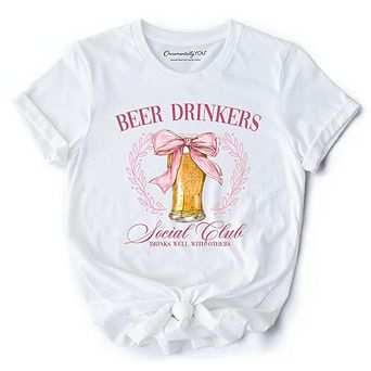 Beer Drinkers Social Club T-Shirt, Coquette Pink Bow Tee for Girly Summer Bachelorette Vibes