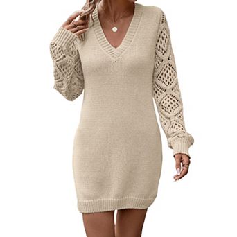 Women’s Hollow Out Crochet Cable Knit Sweater Dress V Neck Long Sleeve Slim Dressy Mini Dresses