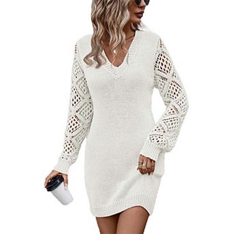 Women’s Hollow Out Crochet Cable Knit Sweater Dress V Neck Long Sleeve Slim Dressy Mini Dresses