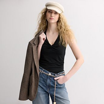 Juniors' madden girl Twist Neck Side Ruched Split Hem Halter Top